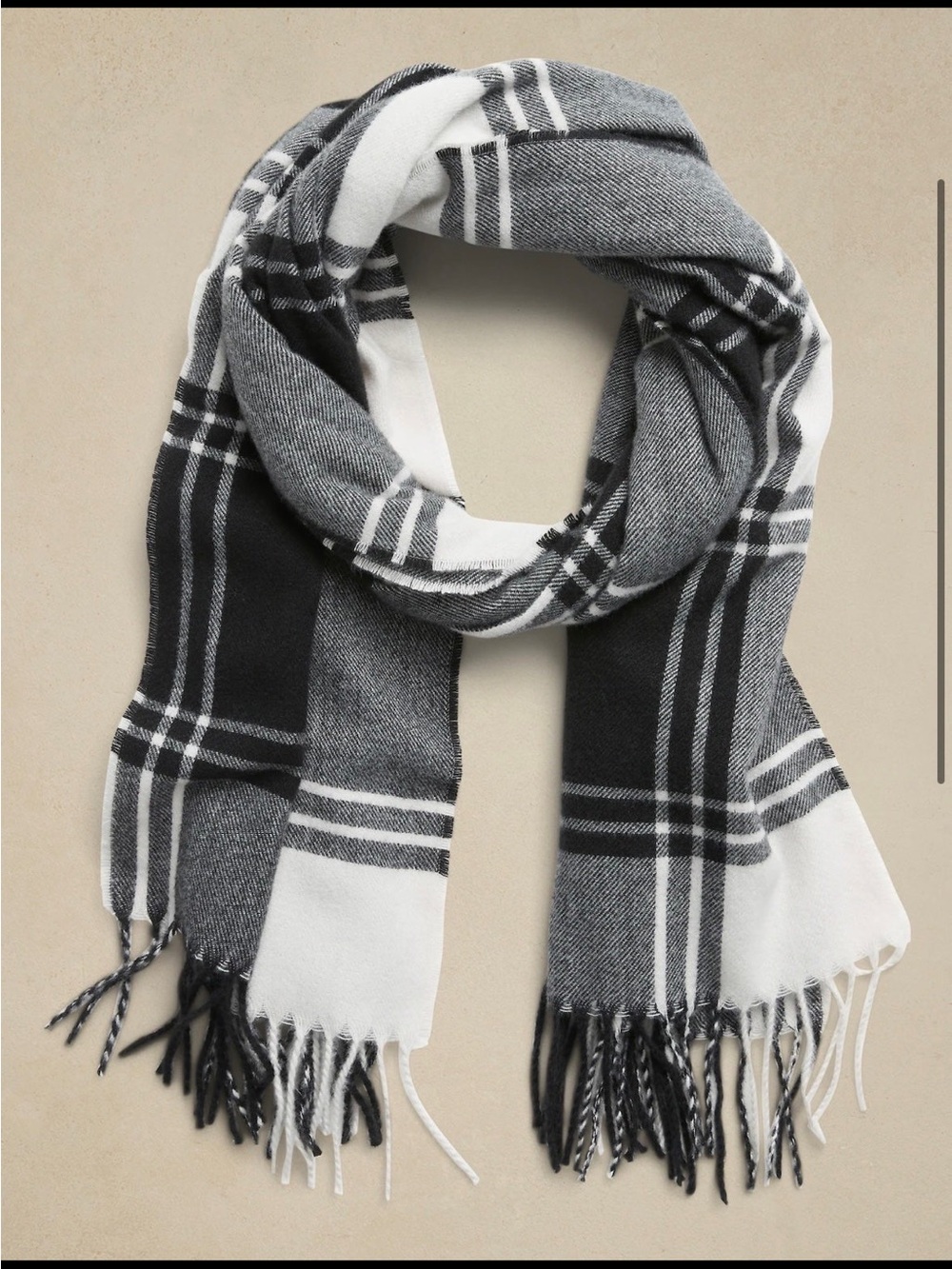 Banana Republic Black, Gray & White Plaid Fringe Scarf